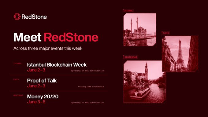 The image features a poster for an event called "Meet RedStone" with three photos of different cities - Istanbul, Paris, and Amsterdam. The poster also includes text that reads "Focus on what is in the image and how it relates to the post". This suggests that the poster is promoting an event or discussion related to real-world asset tokenization, which has been a topic of debate among experts at various conferences around the world.