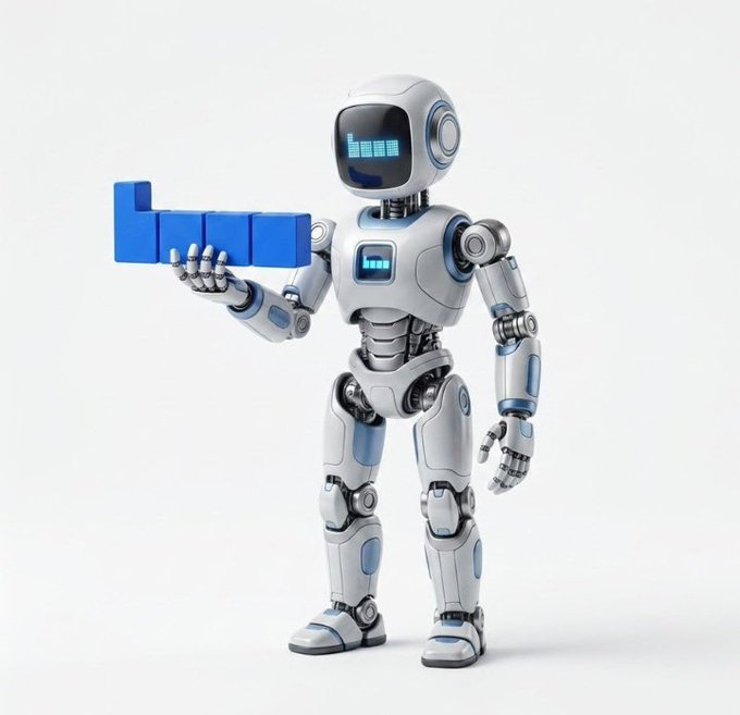 A white and blue humanoid robot stands holding blue L-shaped building blocks against a plain white background.