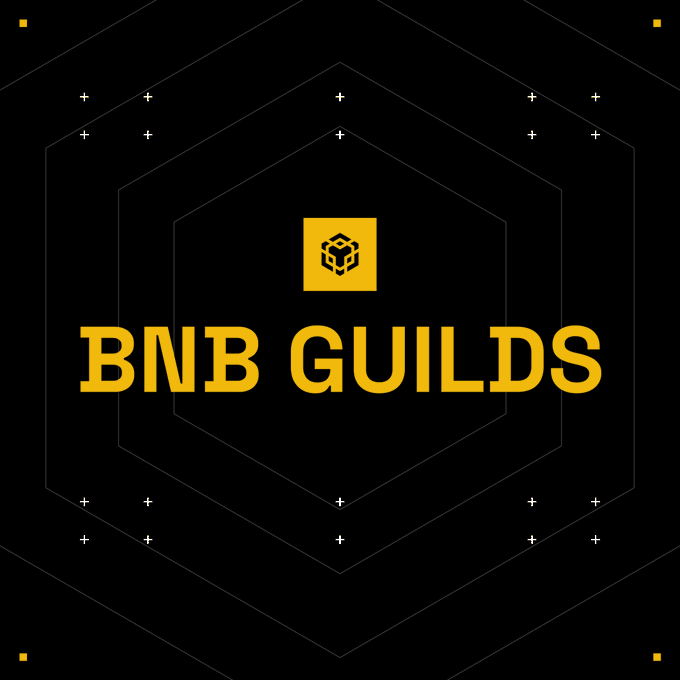 The image displays the "BNB GUILDS" logo in gold against a black hexagonal background, featuring a small cube icon above the text. This branding serves as the visual identity for BNB Guilds, the community referenced in the post that hosts in-person meetups, study groups, and ecosystem events.