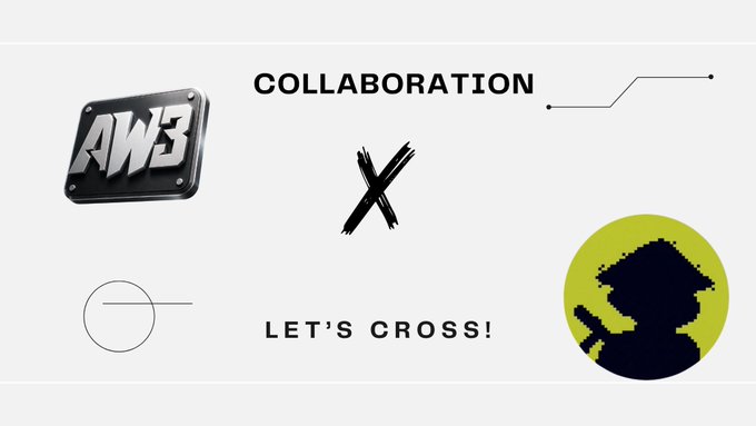 The image is a collaboration announcement graphic featuring the "AW3" logo alongside a pixelated character silhouette, with the text "COLLABORATION" and "LET'S CROSS!" separated by an X mark, promoting a partnership between AW3 and HoodMonkeX for whitelist spots for an upcoming mint.