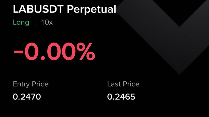 A trading position card shows a LABUSDT Perpetual long trade with 10x leverage, currently displaying -0.00% P&L, with an entry price of 0.2470 and last price of 0.2465, illustrating the user's recently opened leveraged long position on $LAB mentioned in the post.