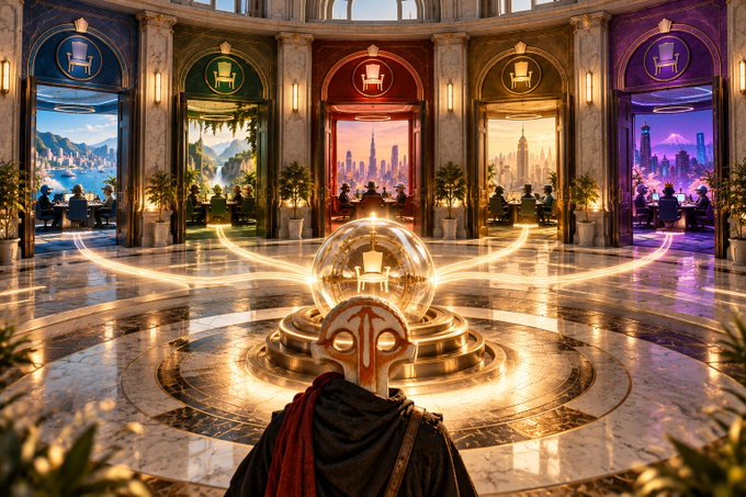 A fantasy scene showing a cloaked figure looking at a glowing crystal sphere in an ornate hall with archways revealing different cityscapes.