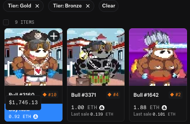 The screenshot displays three pixel-art "Bull" NFTs from the user's collection—Bull #3160 (Bronze, 0.92 ETH), Bull #3371 (Gold, 1.00 ETH), and Bull #1642 (Bronze, 1.88 ETH)—filtered by Gold and Bronze tiers in the marketplace. The Gold-tier Bull #3371's 1.00 ETH price illustrates the current floor price referenced in the post about upgrading Bulls to T4 (Gold) tier.