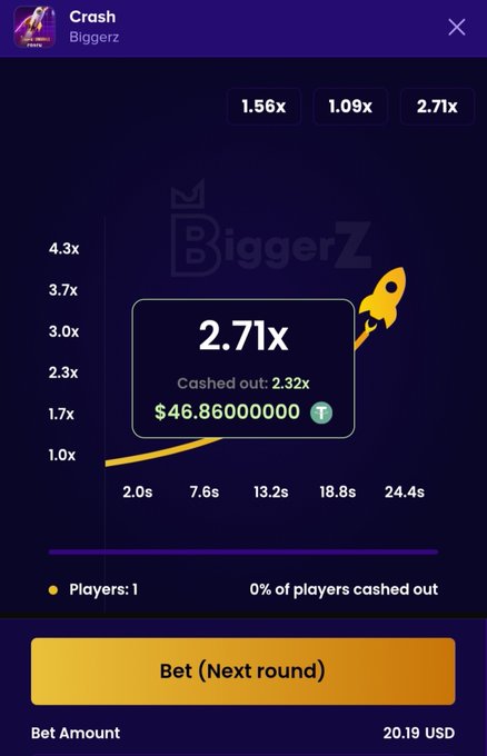A mobile screenshot of the BiggerZ crash betting game showing a 2.71x multiplier, cashed out at 2.32x for $46.86, with a bet of 20.19 USD placed on the next round.