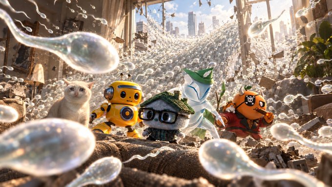 A white cat, a yellow robot, a house with glasses, a green-caped figure, and a pirate mascot stand together amid floating sperm-shaped blobs, with the token $SPERM announced as live on Robinhood Chain. The whimsical imagery of sperm cells flooding the scene directly visualizes the token's name and its chaotic, high-energy launch.