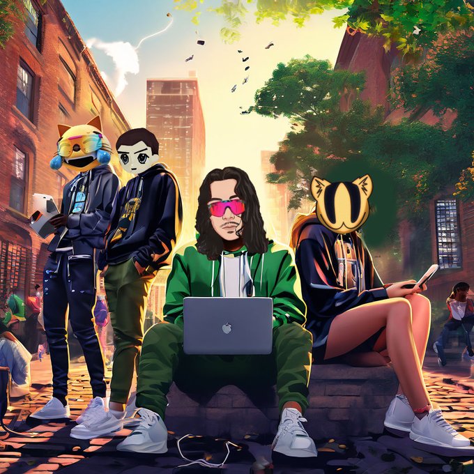 An anime-style digital illustration shows a group of characters including a masked figure, a person with a laptop, and others in streetwear gathered in a sunlit city street.