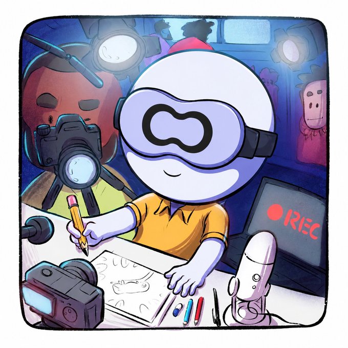 A colorful illustration shows a white cartoon character wearing a VR headset and an orange shirt, sitting at a desk drawing with a pencil while a camera on a tripod records them, with a REC monitor visible in the background.