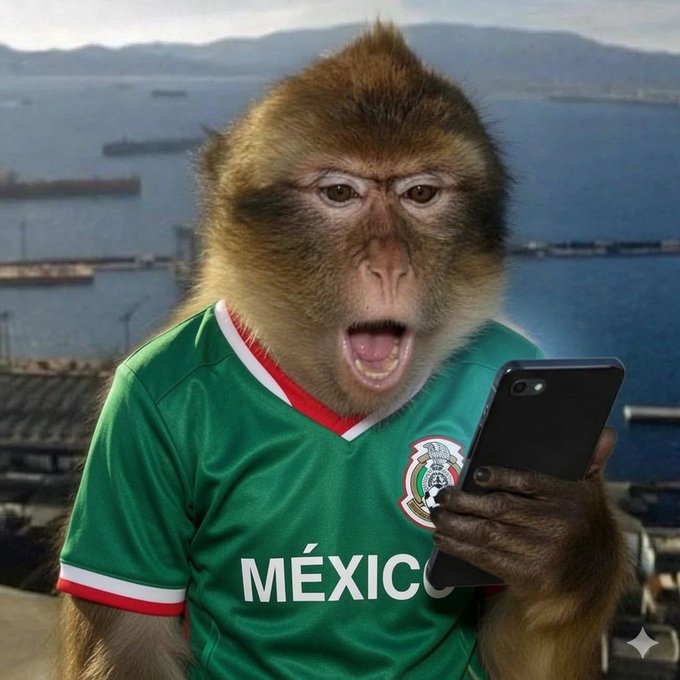 A monkey wearing a Mexico soccer jersey looks shocked at a smartphone, perfectly capturing the "Me right now" sentiment. The jersey clearly displays "MÉXICO" across the front.