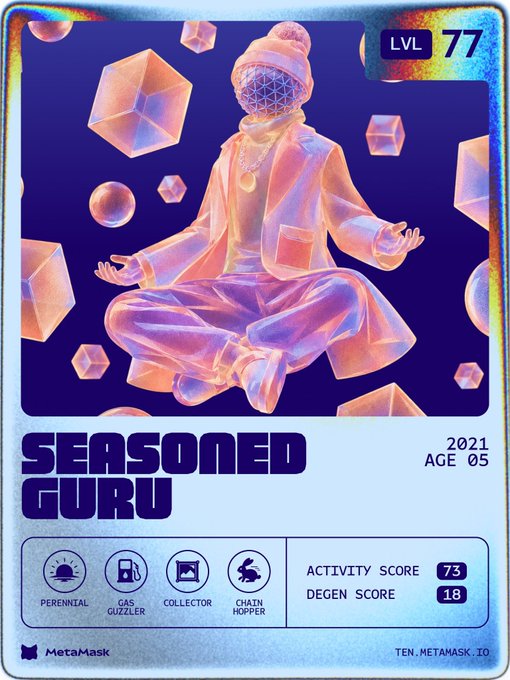 A holographic trading card titled "SEASONED GURU" featuring a meditating figure in lotus position with a geometric face, displaying Level 77, AGE 05 (2021), and traits like "Perennial" and "Chain Hopper," representing the user's longstanding presence and growth in the crypto community as they celebrate ten years and reflect on four years in Web3 while hoping to achieve financial freedom.