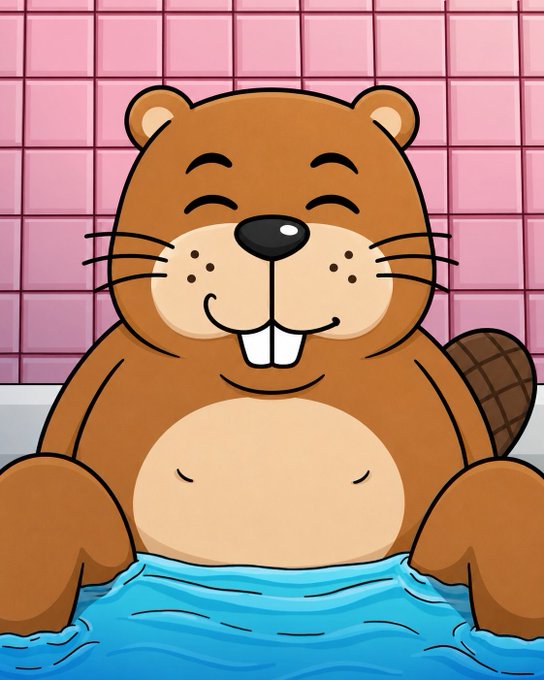 A cartoon illustration of a smiling brown beaver sitting in water with its eyes closed, set against a pink tiled background.