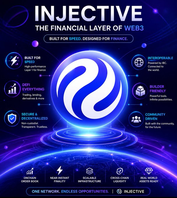 The image features a large blue ball with white swirls, surrounded by various symbols and icons related to the blockchain space. The text above the image reads "Injective", which suggests that this image might be part of an advertisement or promotional material for the company. The background of the image is dark blue, providing a contrast to the vibrant colors of the ball and the white swirls on it. The overall layout of the image seems to be designed to capture attention and convey information about the blockchain space in a visually appealing manner.