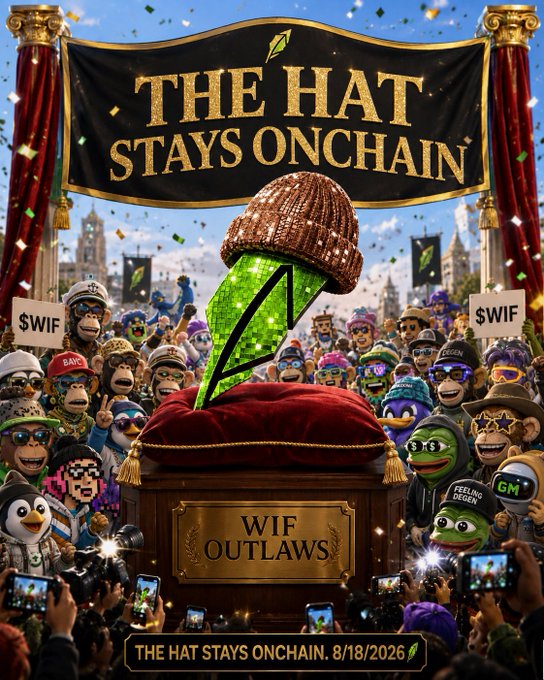 A promotional poster for "WIF OUTLAWS" showing a beanie hat being dipped into green slime, with a banner reading "THE HAT STAYS ONCHAIN" and "THE HAT STAYS ONCHAIN. 8/18/2026" at the bottom, surrounded by a crowd of crypto mascot characters holding $WIF signs.