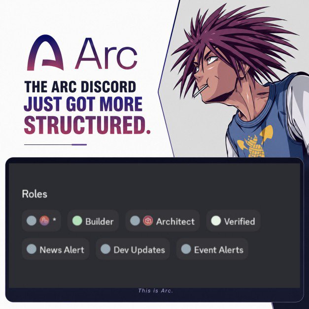 Promotional graphic for Arc (arc) announcing a Discord upgrade, featuring an anime-style character with spiky purple hair alongside the text "THE ARC DISCORD JUST GOT MORE STRUCTURED" and showcasing new roles including Builder, Architect, Verified, News Alert, Dev Updates, and Event Alerts.