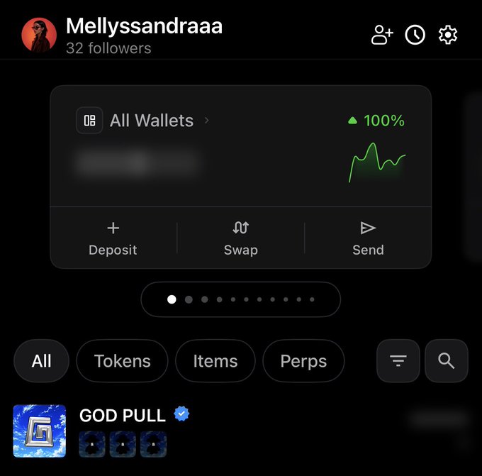 Crypto wallet app showing user 'Mellyssandraaa' with an 'All Wallets' balance up 100%, displaying a 'GOD PULL' verified NFT item.