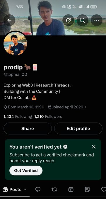A mobile Twitter profile page displays user 'prodip' (@topmai100) with bio 'Exploring Web3 | Research Threads. Building with the Community | DM for Collabs' showing 1,434 following and 1,210 followers.