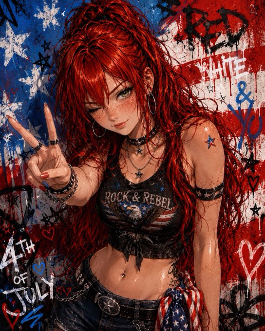 An anime-style illustration of a red-haired girl in a black 'Rock & Rebel' crop top making a peace sign, with an American flag, stars, and '4th of July' text in the background.