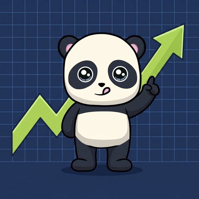 A cartoon panda character pointing at a green upward-trending arrow against a dark blue grid background.