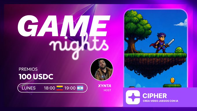 A promotional graphic for "GAME nights" on July featuring 100 USDC prizes, hosted by XYNTA, with gameplay footage from Cipher.
