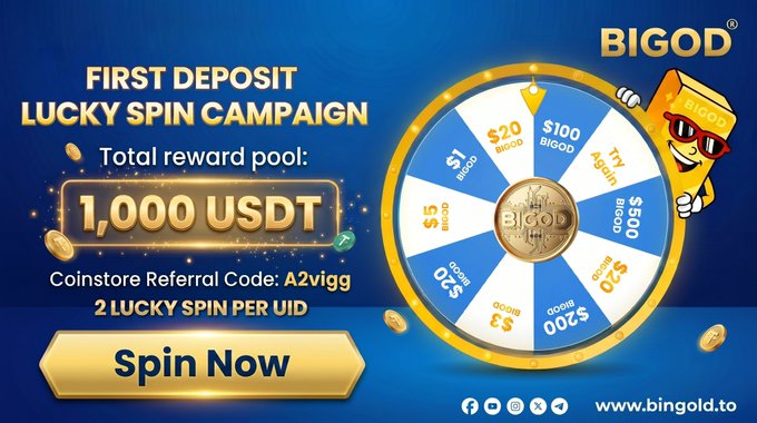 The image features an advertisement for the BIGOD Open Deposit campaign. The main focus of the advertisement is a spinning wheel, which has been designed with the words "BIGOD" written on it. The wheel is blue and gold, and it spins around a yellow center. The text in the image reads "BIGOD Open Deposit is Now Live on Coinstore! To celebrate the BIGOD Open Deposit launch, we are introducing the First Deposit Lucky Spin Campaign with a total reward pool of 1,000 USDT". This advertisement highlights the campaign's unique features and encourages users to participate by spinning the wheel.