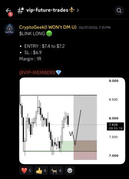 A Telegram trading signal from @vip-future-trades showing a $LINK long setup with entry at $7.4-$7.2, stop loss at $6.9, and a chart marked with "WON" indicating the predicted price target around $7.82 was reached but not filled.