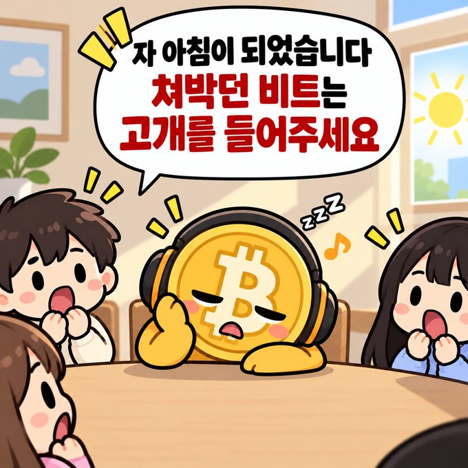 A cartoon illustration shows a sleeping Bitcoin character wearing headphones, surrounded by shocked characters, with a speech bubble containing Korean text: '자 아침이 되었습니다 / 채택된 비트는 / 고개를 들어주세요' (It's morning, please lift your head, adopted Bitcoin).