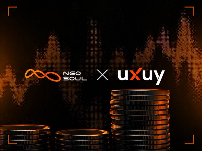 Partnership announcement graphic showing 'NEO SOUL' and 'UXUY' logos with an 'X' between them, set against a dark background with stacked coins and an orange stock chart pattern.