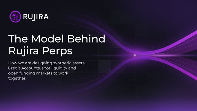A dark purple promotional graphic with a glowing hourglass-shaped design featuring "RUJIRA" branding and the headline "The Model Behind Rujira Perps," with subtitle text about designing synthetic assets, Credit Accounts, spot liquidity, and open funding markets—visually supporting the post about the design framework behind Rujira Perps.