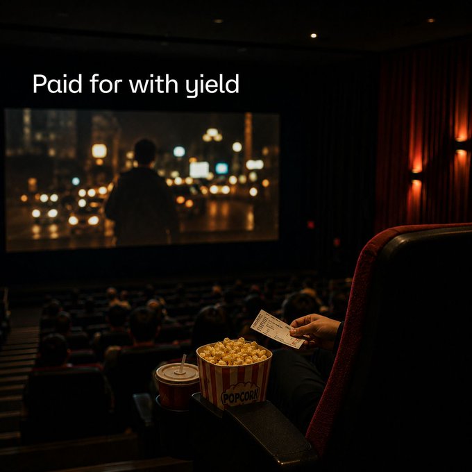 A person holds a movie ticket and a bucket of popcorn labeled "POPCORN" while watching a film in a dark theater, with the text "Paid for with yield" overlaid on the screen. The image visually reinforces the post's message about using yield-generated income from Hemi to fund everyday leisure activities like a movie night.