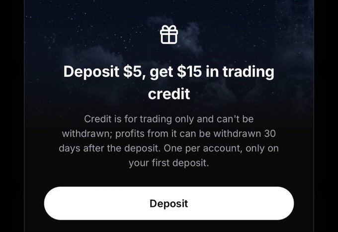 A promotional screen offering new users a bonus: deposit $5 to receive $15 in trading credit, with terms noting profits can be withdrawn 30 days after deposit on the first deposit only, paired with a social media post celebrating using the credit on a trending stock pick.
