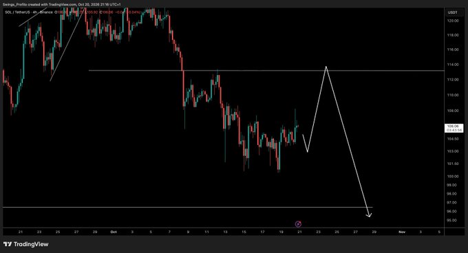 A TradingView SOL/USD candlestick chart shows a broad decline from above $120 toward roughly $96, with a projected white path rebounding to about $113 before falling toward $88. The chart illustrates the post’s update that a “leg up” could occur over the next few days.