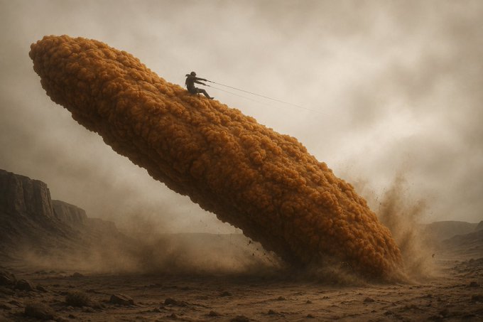 A tiny figure clings to the tip of a massive, tumbling dust cloud shaped like a rocket, riding the swirling brown plume across a desolate, stormy landscape. The apocalyptic imagery of being carried helplessly by an unstoppable force of nature mirrors the wild ride of holding onto meme-stocks like $TENDIES for dear life.