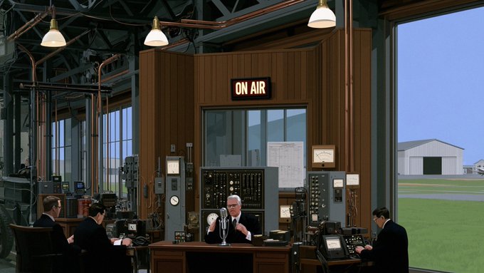 A vintage-style illustration of an 'ON AIR' radio broadcasting room with men operating equipment, overlooking an airfield through large windows.