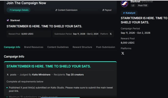 A Kaito campaign details page for "Starknet" titled "STARKTEMBER IS HERE. TIME TO SHIELD YOUR SATS." with a reward pool of 8,000 USDC.