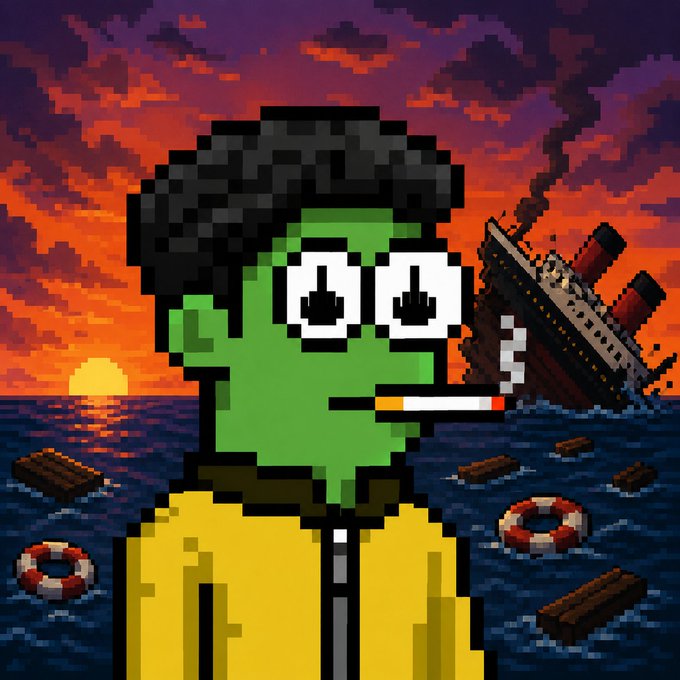 Pixel art depicting a green-skinned character with large eyes, a black afro, and a cigarette in their mouth, wearing a yellow jacket, with the Titanic sinking and a sunset in the background.