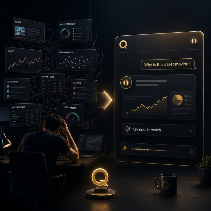 A dark, atmospheric digital illustration of a person sitting at a desk surrounded by floating data panels (NEWS, WALLET TRACKER, CHART, SOCIAL FEED, DEX SCREENER, SENTIMENT, etc.), conversing via voice with an AI interface showing a line chart and the prompt "Why is this asset moving?".