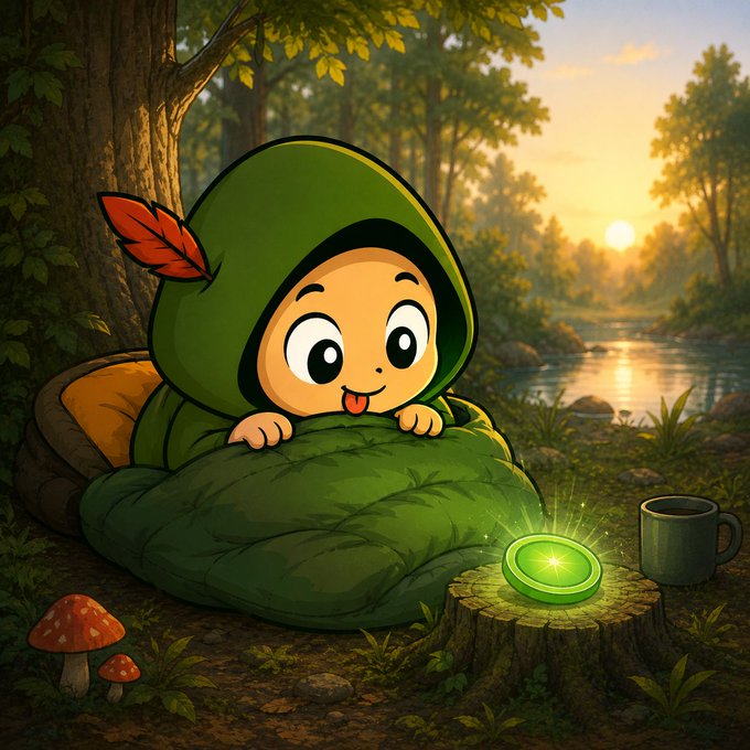 Digital illustration of a cute cartoon character in a green hooded cloak with a red feather, sitting in a sleeping bag in a forest at sunset next to a glowing green gem and a coffee mug.