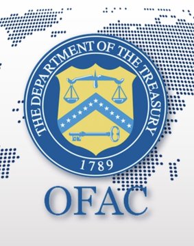 The image displays the official seal of the U.S. Department of the Treasury (established 1789) alongside the "OFAC" acronym, representing the Office of Foreign Assets Control—the agency responsible for sanctioning the 134 ISIS-K crypto wallet addresses mentioned in the post.