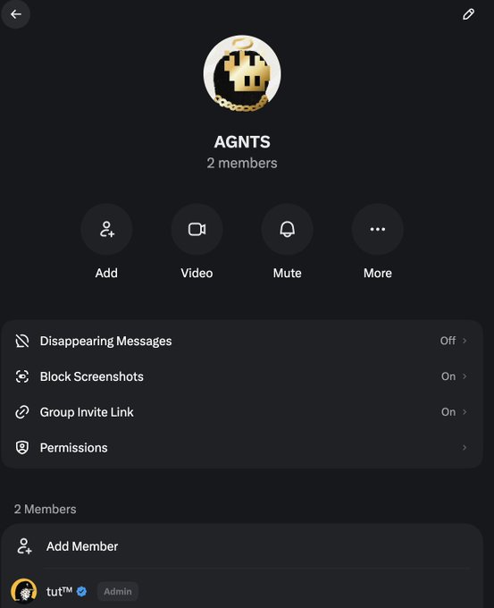 A Telegram group chat info screen titled 'AGNTS' with 2 members, showing settings including Disappearing Messages (Off), Block Screenshots (On), and Group Invite Link (On), with an admin named 'tut™'.