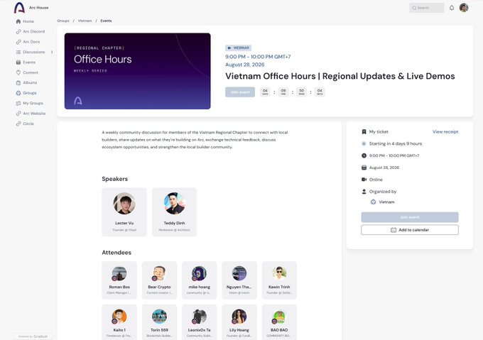 An Arc House event page for 'Vietnam Office Hours | Regional Updates & Live Demos' on August 28, 2026, featuring speakers Lector Vu and Teddy Dinh.