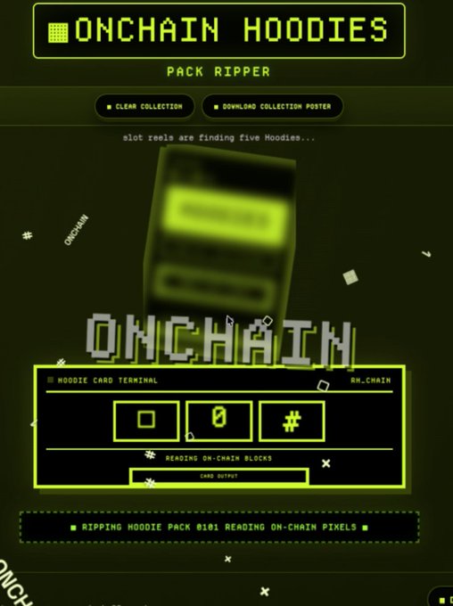 A retro-style, pixelated interface titled "ONCHAIN HOODIES PACK RIPPER" shows a digital card pack being opened with spinning slot reels, featuring a "HOODIE CARD TERMINAL" with placeholder squares and text reading "RIPPING HOODIE PACK #101 READING ON-CHAIN PIXELS" and "READING ON-CHAIN BLOCKS." The interface visualizes the OnChain Hoodies Pack Ripper tool built by @mbstuart, which transforms Hoodies into collectible card-style packs as described in the post.