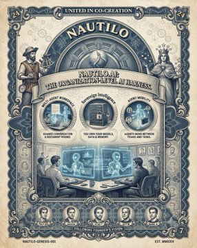 Decorative blue-toned illustration titled 'NAUTILUS' and 'NAUTILUS AI: THE CONSCIOUSNESS LEVEL AI BUSSINESS' showing figures around a table and various thematic scenes.