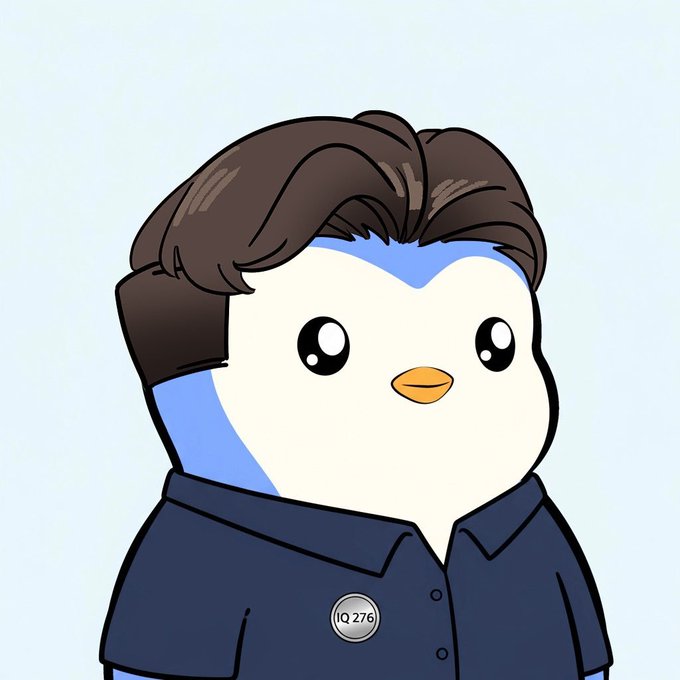 The image features a cartoon penguin wearing a blue shirt, standing against a white background. The penguin has short hair and appears to be looking directly at the camera with an expression of curiosity or interest. In the bottom right corner of the image, there is a small circular badge that reads "IQ 776". This badge likely represents the creator's name or logo for the cartoon character.