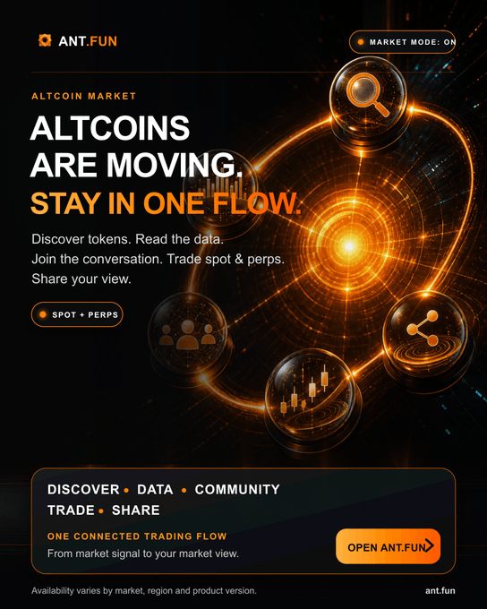 A promotional ad for ANT.FUN displaying the bold text "ALTCOINS ARE MOVING. STAY IN ONE FLOW." alongside visual icons representing search, data charts, community, and sharing, with a call-to-action button reading "OPEN ANT.FUN." The image reinforces the post's message by showcasing how ANT.FUN consolidates crypto discovery, data tracking, community engagement, and trading into a single unified platform.