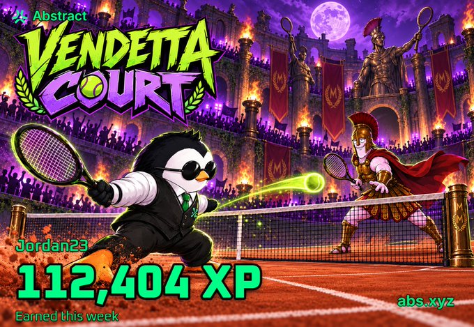 A digital artwork titled 'Vendetta Court' showing a penguin in a suit playing tennis against a gladiator in a Roman-style arena, displayed with text 'Jordan23', '112,404 XP', 'Earned this week', and the 'abs.xyz' logo.