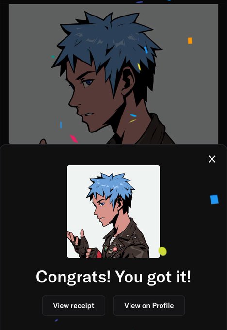 A digital collectible/card reveal screen showing an anime character with spiky blue hair in a leather jacket, with a 'Congrats! You got it!' message and options to view receipt or view on profile.
