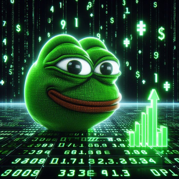 A green Pepe the Frog character smiles in front of a digital matrix background filled with falling numbers, dollar signs, and a glowing green upward bar chart.