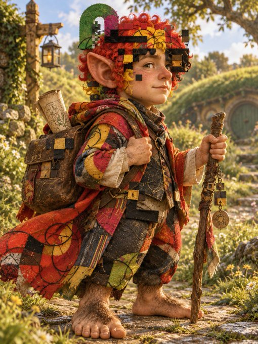 A digitally glitched, colorful illustration of a fantasy hobbit-like character with red curly hair, holding a wooden staff and wearing a patchwork outfit.
