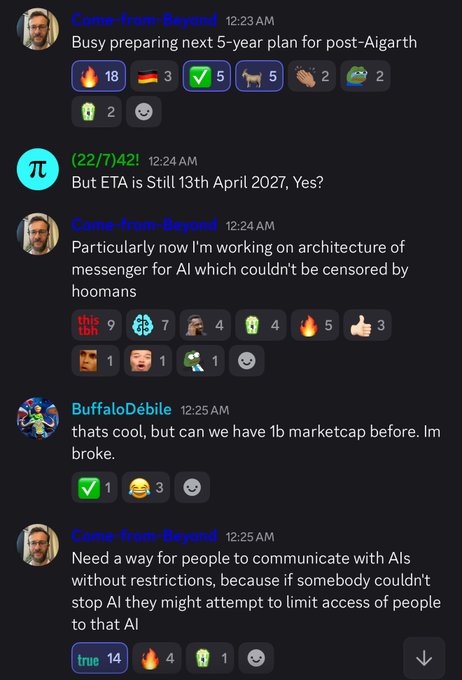 A Discord conversation between Come-from-Beyond, (22/7)42!, and BuffaloDébile discussing post-Aigarth plans, with CFB mentioning he's working on uncensorable AI architecture for AIs and people to communicate without restrictions, directly aligning with the post's claim about QUBIC building decentralized, unrestricted AI.