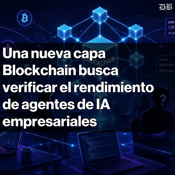 The image features a computer screen with a blue background, displaying a complex network of blue cubes connected by lines. The text "Una nueva capa" is written above this scene, which translates to "New blockchain busca". Below that, there are two descriptions in Spanish about verifying the authenticity of a blockchain and the importance of agents in IA.