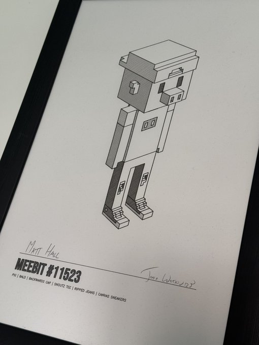 A framed minimalist line drawing labeled 'MEEBIT #11523' depicting a pixelated character with a beard, signed 'MATT HALL' and dated 2023.